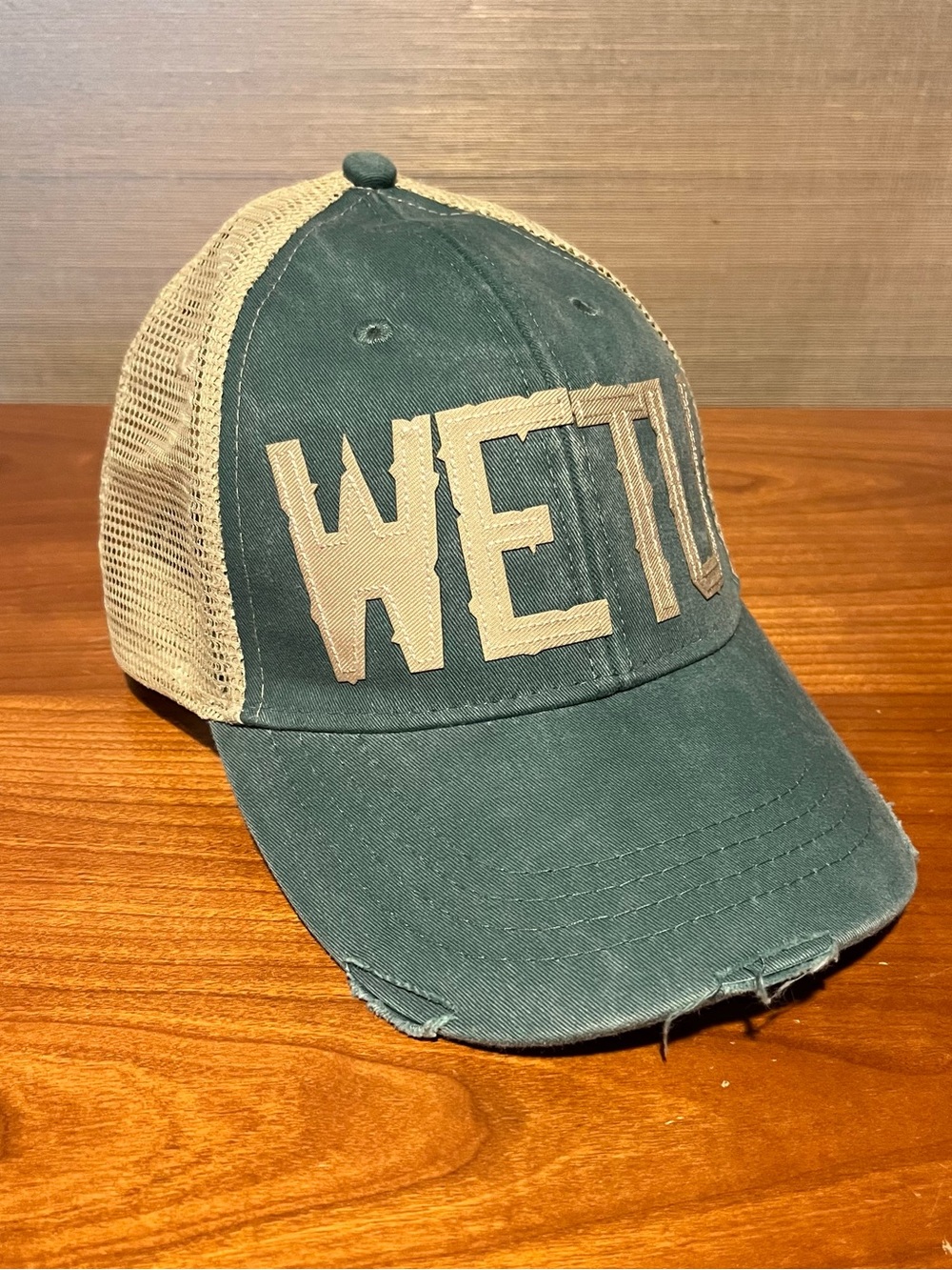 WETU Embroidered Mesh Back Trucker Hat - Teal & Beige